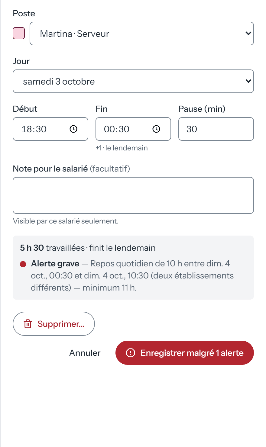 L’éditeur d’un créneau de Léa Moreau : le poste, le jour, les heures, la pause, et le verdict du moteur de règles, ici le repos quotidien de 10 h, sous le minimum de 11 h.