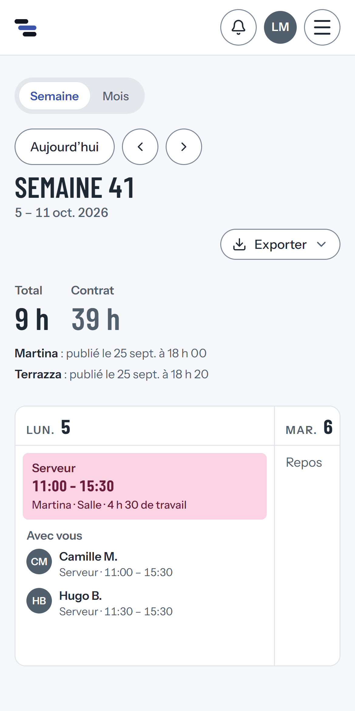 L’espace employé sur un téléphone : la semaine 41 de Léa Moreau, son total d’heures et son contrat, ses créneaux jour par jour, et avec qui elle travaille.